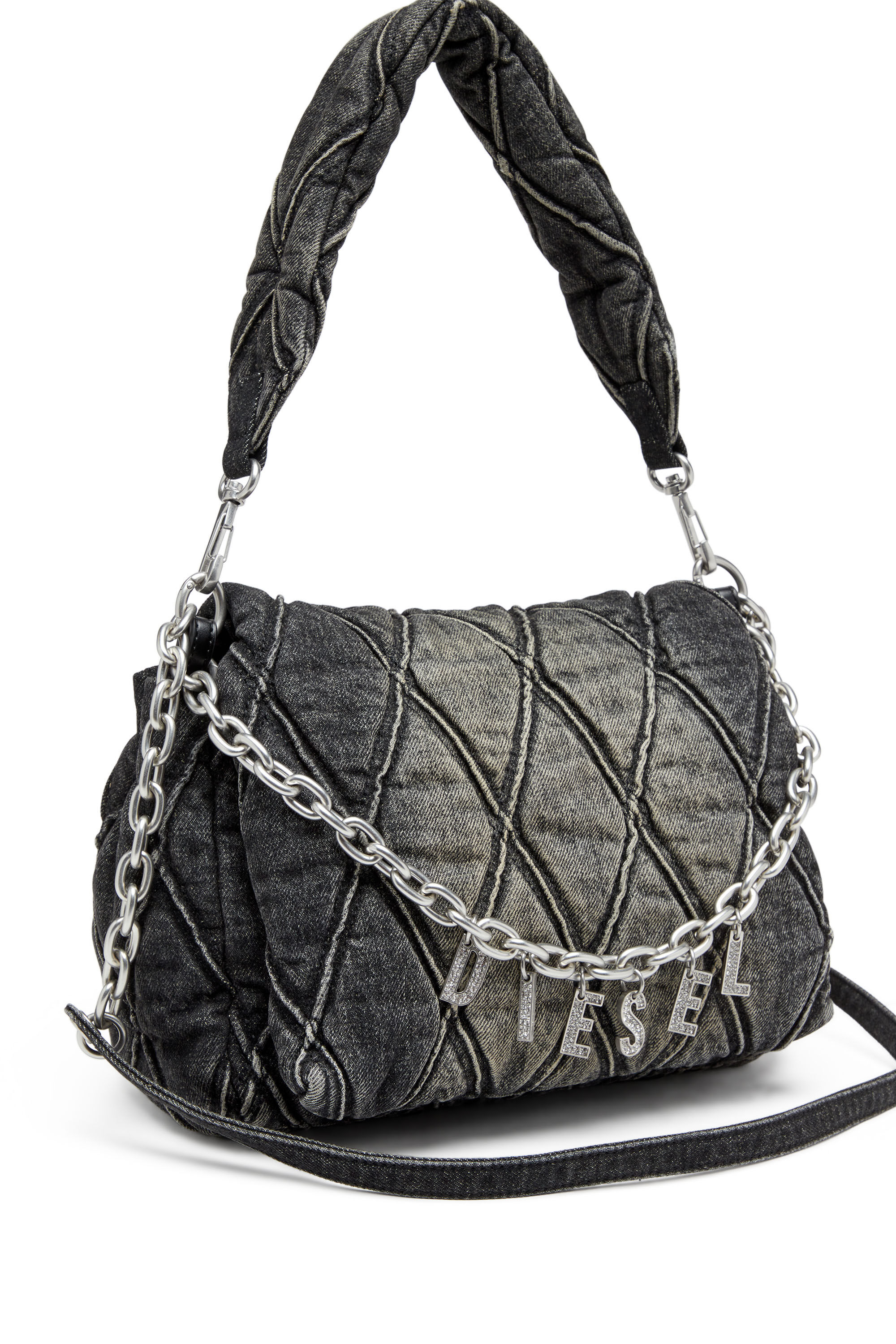 Diesel - CHARM-D SHOULDER M, Woman's Charm-D M-Shoulder bag in quilted denim in Black - 2