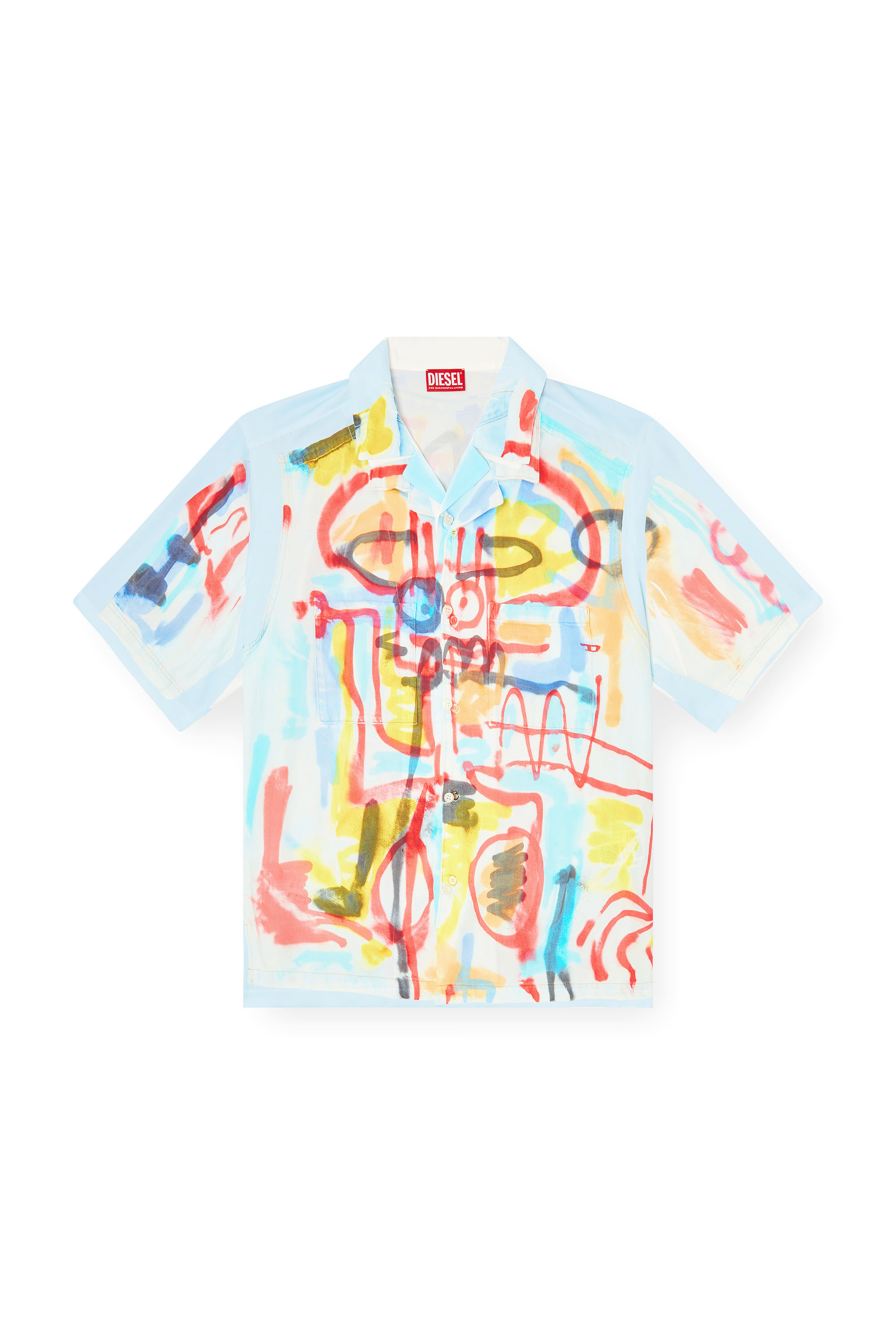 Diesel - C-PAROSHORT-GRAFFITI-AFR, Unisex's Satin bowling shirt with graffiti print in Light Blue - 4