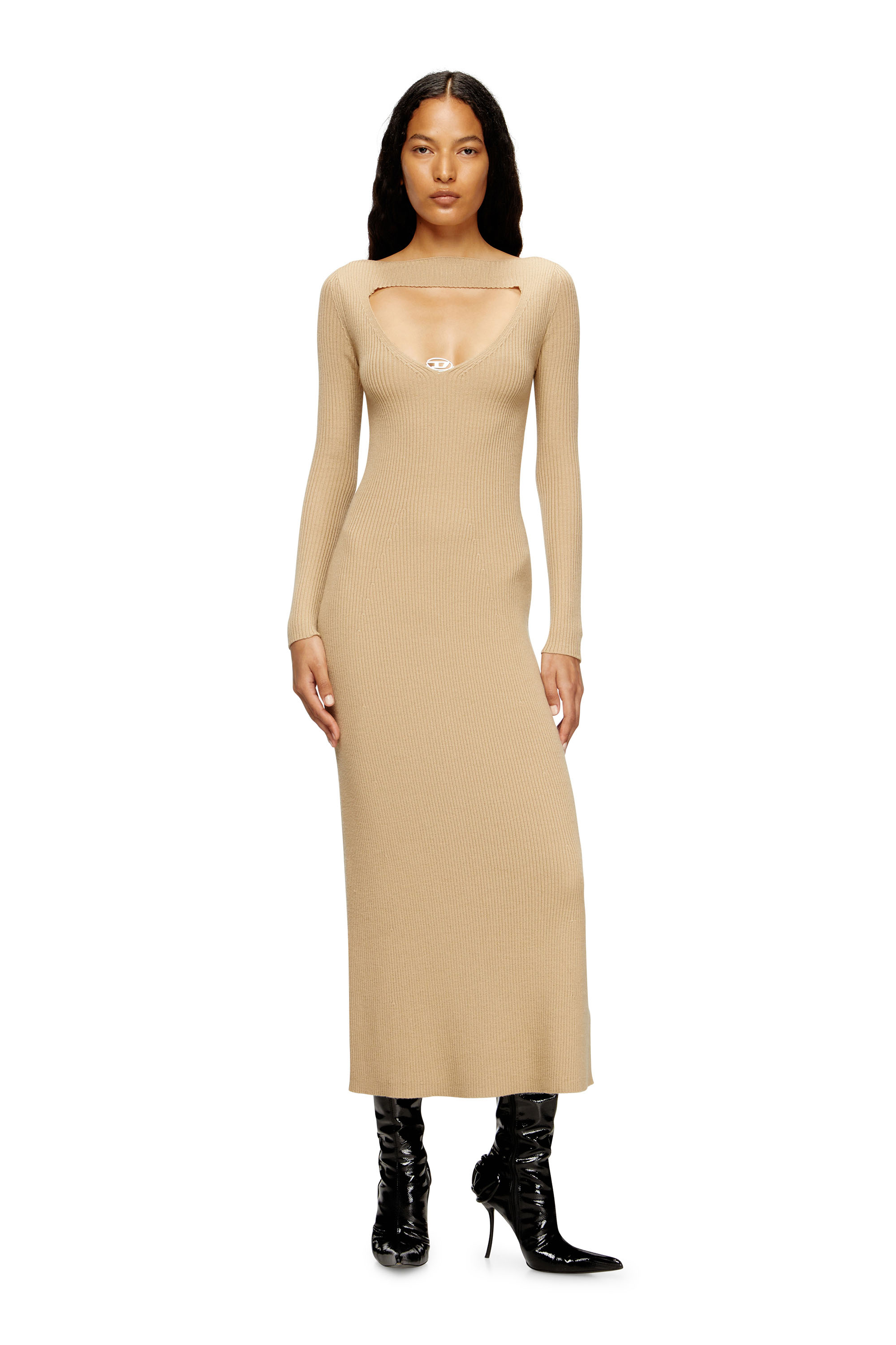 Diesel - M-OLONI, Woman's Midi wool dress with inlay in Light Brown - 3