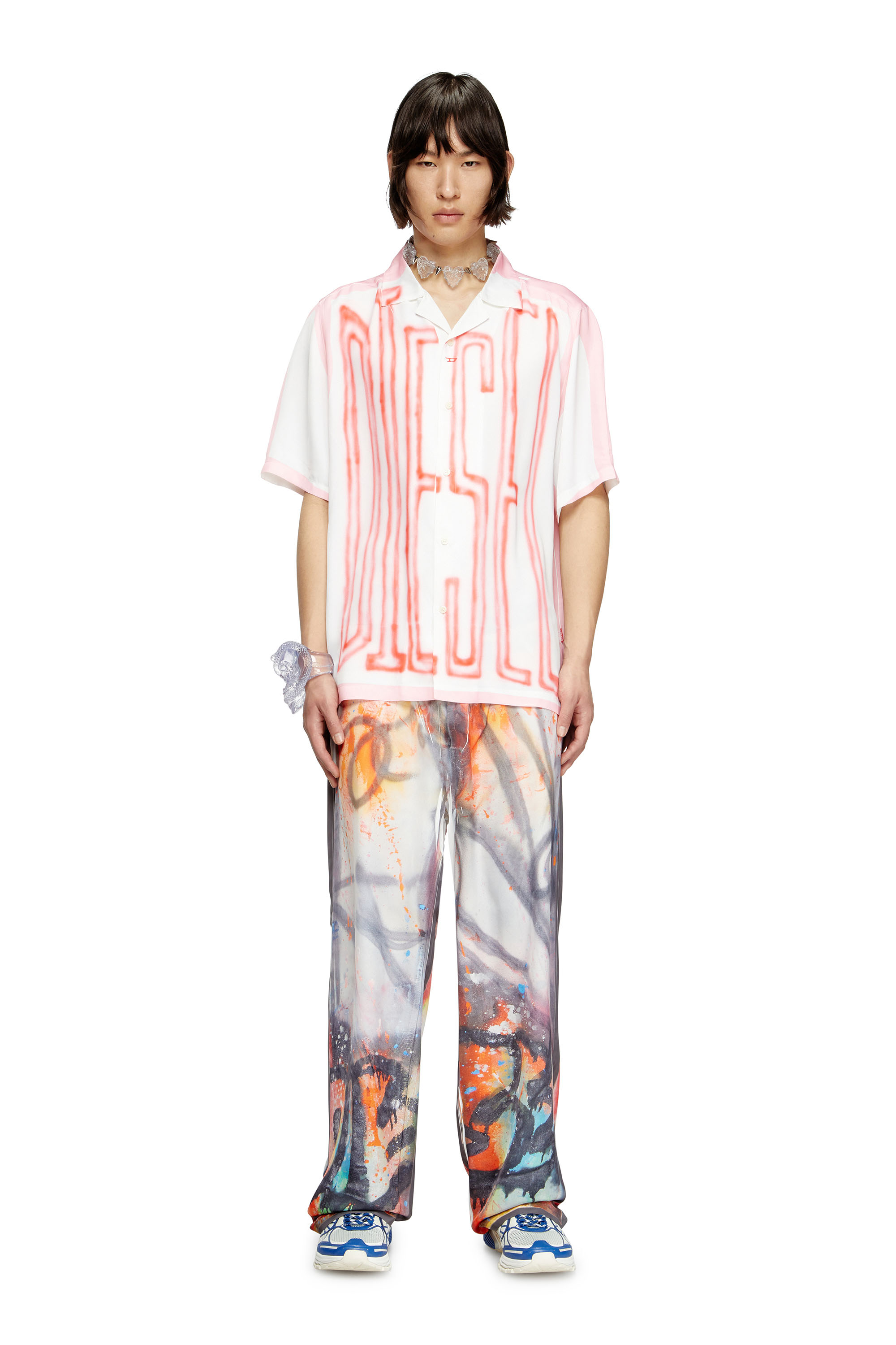 Diesel - C-PAROSHORT-GRAFFITI-FRA, Unisex's Satin bowling shirt with graffiti logo in Pink/White - 3