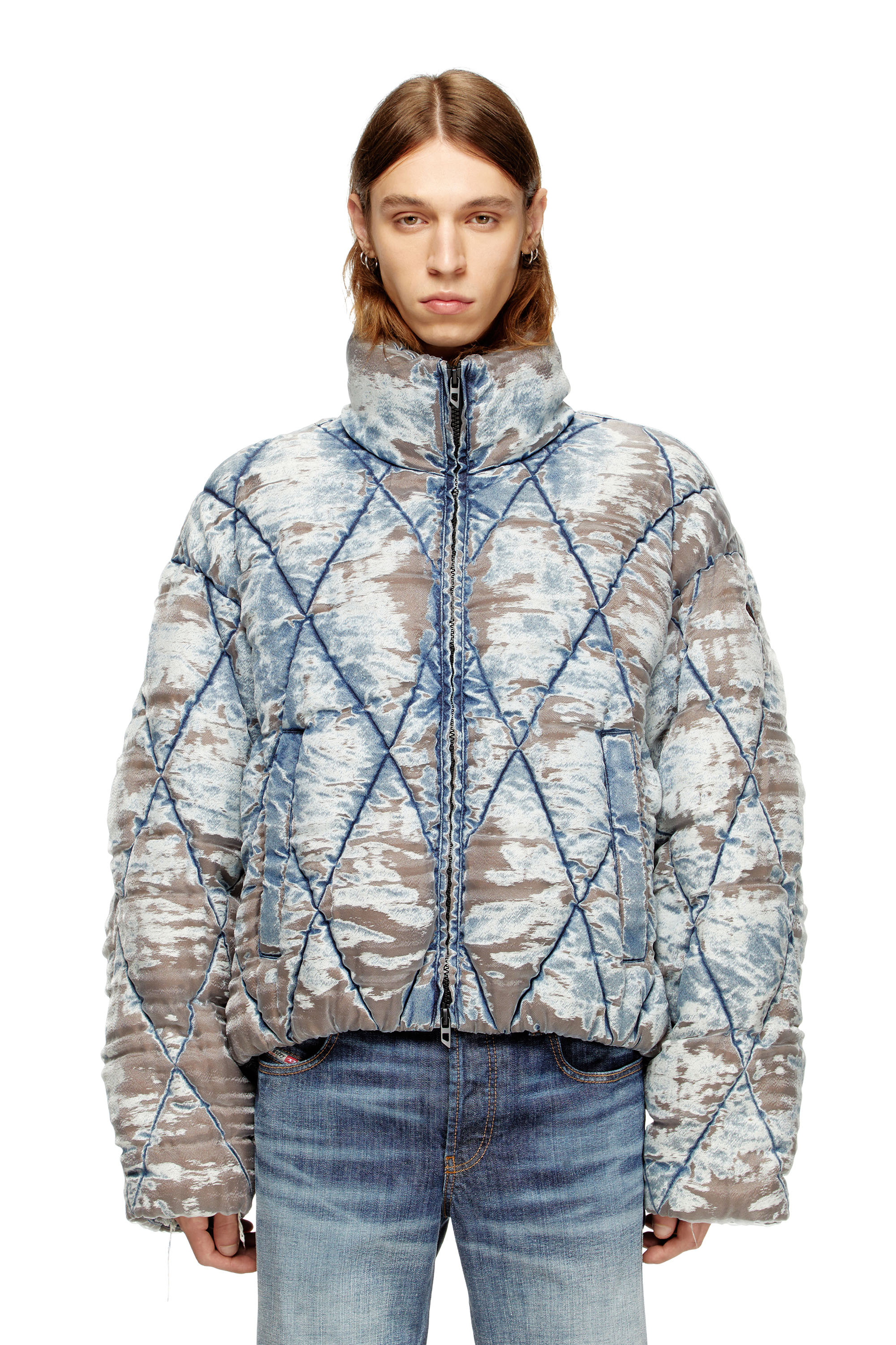 Diesel - W-KONS, Man's Padded jacket in argyle-quilted devoré denim in Light Blue - 1